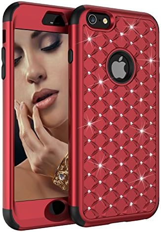 iPhone 6S Case, iPhone 6 Case, AOKER 3 IN 1 Luxury Bling Diamond Heavy Duty Shockproof Impact Protection Anti Slip Defender Protective Case for Apple iPhone 6/6S 4.7 inch (Red)