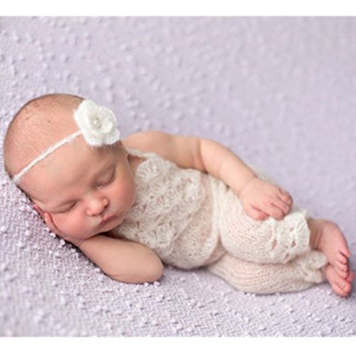 Baby Photography Props Boy Girl Photo Shoot Outfits Newborn Crochet Costume Infant Knitted Clothes Mohair Headdress Rompers (White)