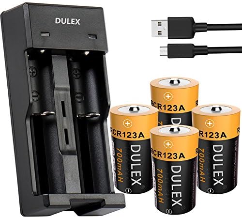 DULEX 4 Pack CR123A Rechargeable Batteries 3.7V 16340 RCR123A Lithium ion Camera Batteries with Charger for Arlo Cameras, Flashlight, Security System