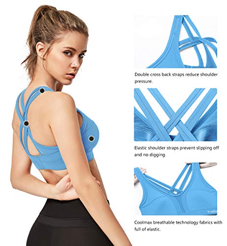 Yvette Women's Criss Cross Back Compression Sports Bra-High Impact Support Full Figure Plus Size Strappy Workout Bra, Blue, L(DF)