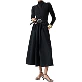 YEXPINE Women's Long Sleeve Turtleneck Maxi Dress Elegant Patchwork Casual Flowy Mock Neck Long Dress with Pockets