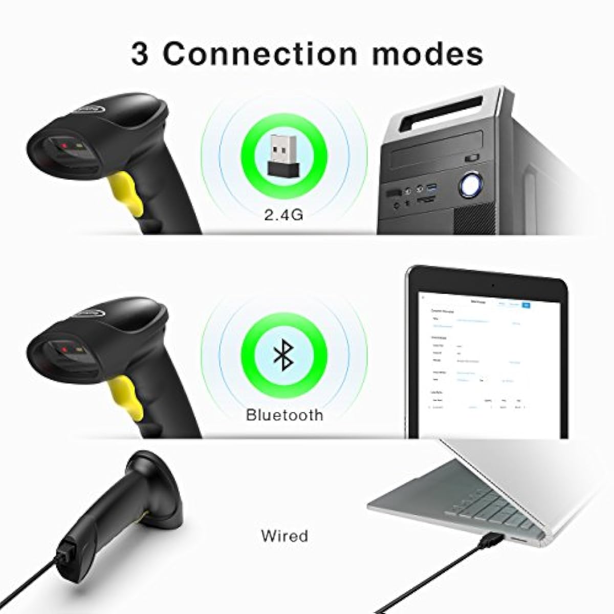 Inateck 2D Bluetooth Wireless Barcode Scanner, Bildschirm und Display