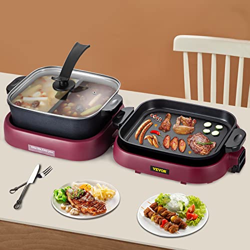 VEVOR 2 in 1 Electric Grill and Hot Pot, Foldable BBQ Pan Grill and Hot