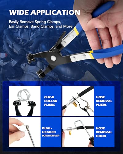 Orion Motor Tech Alicates de Abrazadera de Manguera de 9 Piezas para Mangueras de Aceite Combustible y Agua, Kit de Removedor de Abrazadera de Manguera de Largo Alcance Automotriz con Cable Flexible Clic R tipo Mordaza Giratoria Estuche de Alicates de Banda Plana, Azul