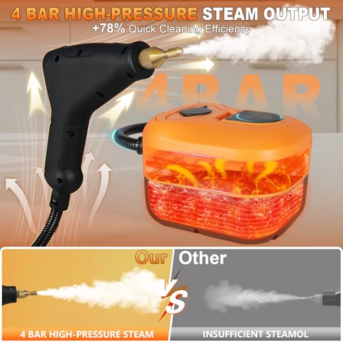 15-IN-1 Steam Cleaner Handheld【2800W Powerful Motor】【6 Level Pressure Steam - 4 BAR High Pressure】with Handle Control Button Cleaner for Household, Car, Kitchen - Orange