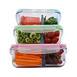 Elacra Glass Food Storage 2 Compartment Containers - Meal Prep Container Set with BPA-Free Airtight Locking Lids - Oven Microwave Freezer Safe - Portion Control [3-Pack, 35oz]
