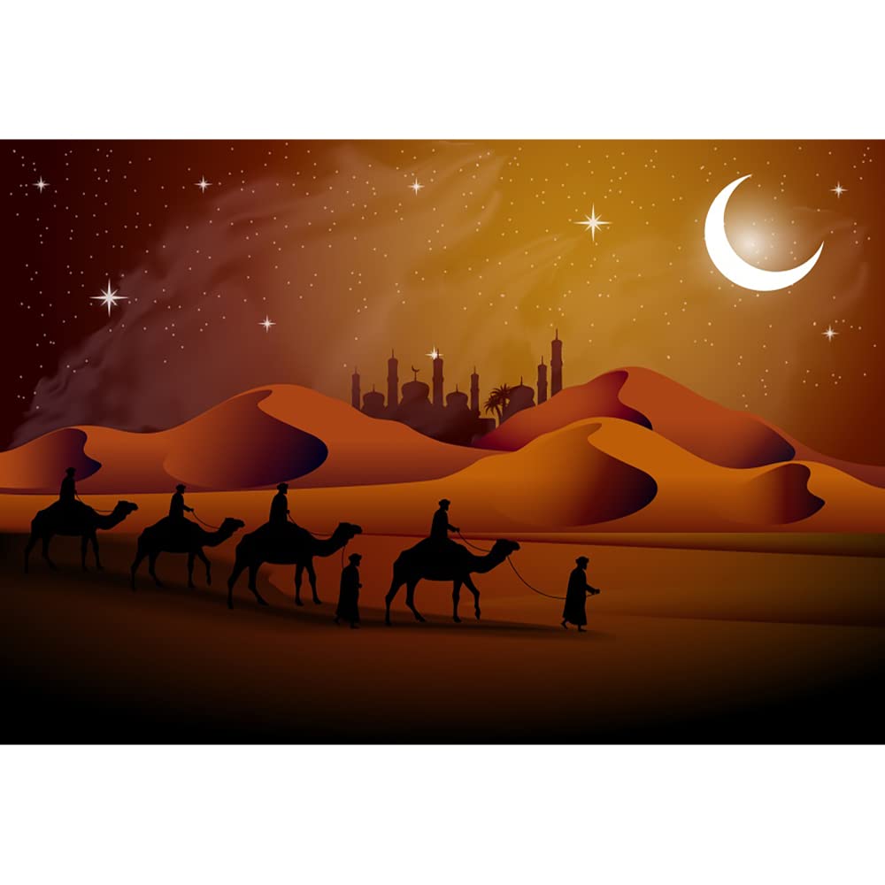 Aoihrraan 2,2x1,5m Desert Night Backdrop Cartoon Sand Dunes Starry Sky Moon Temple Silhouette Arabian Camel Team Scene Photography Background Religion Culture Party Photo Studio Prop Vinyl Wallpaper