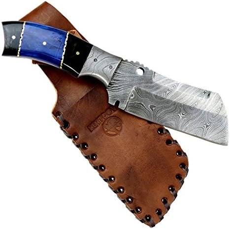 Hunt-Down 9" Damascus Blade Hunting Knife Horn Handle With Leather Sheath