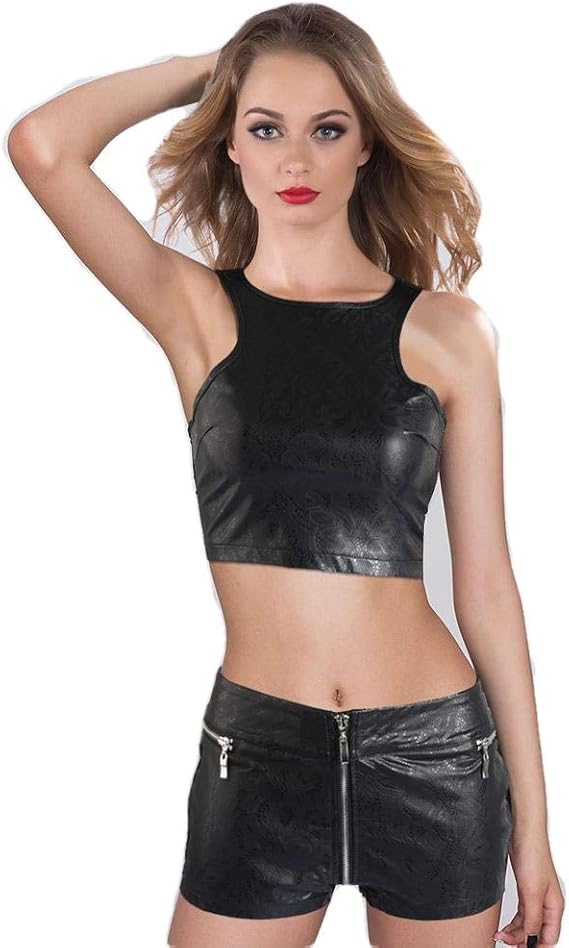 Amazon Co Jp ツーピースセット2ピースセットレディースレザークロップトップとショーツセット夏服マッチングセットツーピース衣装クラブ 服 ファッション小物