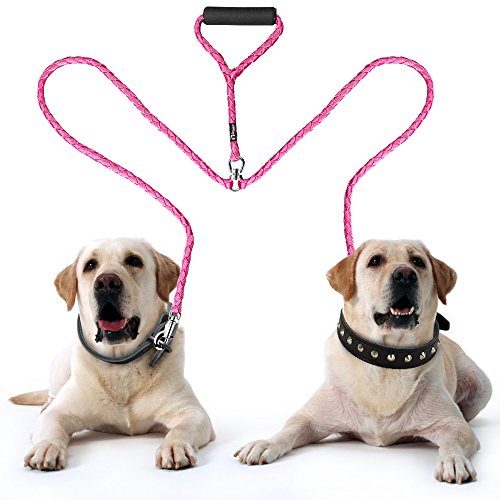 Peteast Dual Double Dog Leash No Tangle W Soft Handle for Two Dogs - Pink