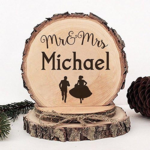 KISKISTONITE Wooden Wedding Cake Toppers Rustic, Personalized Running Bride and Groom Design, Engraved Mr and Mrs Country Style Cake Decoration Favors Party Decorating Supplies