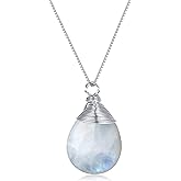 Onesmek Genuine Moonstone Crystal Necklace for Women - Healing Crystal Wire Wrapped Teardrop Pendant Sterling Silver Necklace, Vintage Gemstone Necklace Birthday Jewelry Gifts for Women