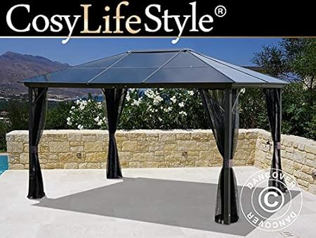 Pavillon Santa Barbara mit Vorhängen und Moskitonetz, 3x4m, Dunkelgrau