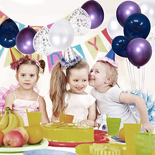 SKYIOL Ballons Bleu Violet Blanc Argenté Confettis Métalliques Ballons Hélium Latex des Décorations Fête de Ruban 10m pour Garçons Filles Enfants Mariage Douche de Bébé, 50 Pièces 30 CM