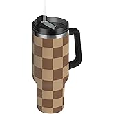 Tatenale Checkered Brown 40 oz Tumbler with Handle Lid Straw Insulated Tumblers Stainless Steel Tumbler Leak Proof for Water Coffee Ice Tea Keep Cold or Hot Black