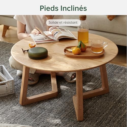 YESWOOD Solid Oak Coffee Table, Modern Design, Inclined Legs, Round Coffee Table for Living Room, 75 x 75 x 40 cm, Natural Oak