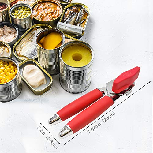 Can Opener, 3-In-1 Can Opener Hand Held Stainless Steel Can Opener Manual Smooth Edge Tin Opener Built in Bottle Opener Professional Ergonomic Anti Slip Handles Large Turn Knob Heavy Duty Sharp(Red)