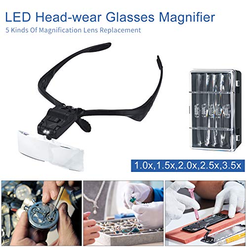 AORAEM Magnifier Glasses w/ LED Light for Lash Extensions 5 Lenses