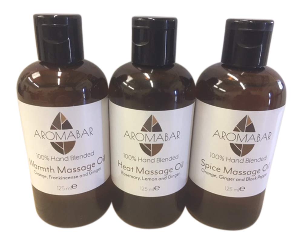 Winter Warmer Massage Oil Gift Set (3 x 125ml) Warmth (Sweet Orange, Frankincense & Ginger), Heat (Rosemary, Lemon & Ginger) and Spice (Sweet Orange. Ginger & Black Pepper)