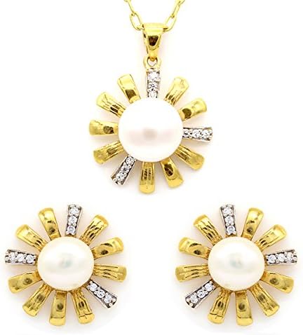 Round Pearl Cubic Zirconia Pendant Earrings Fashion Jewelry Sets For Women Girl