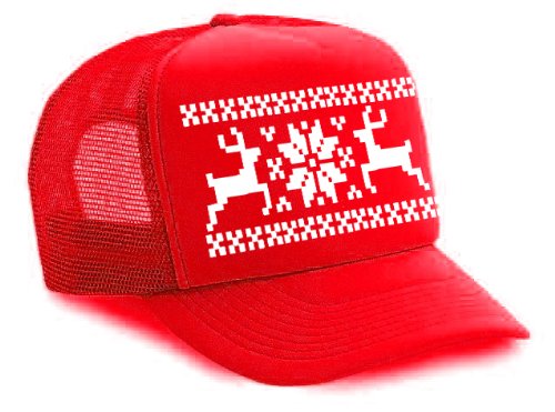 Red Reindeer Snowflake Mesh Trucker Hat Cap Sweater Christmas X Mas, Online Clothing Store