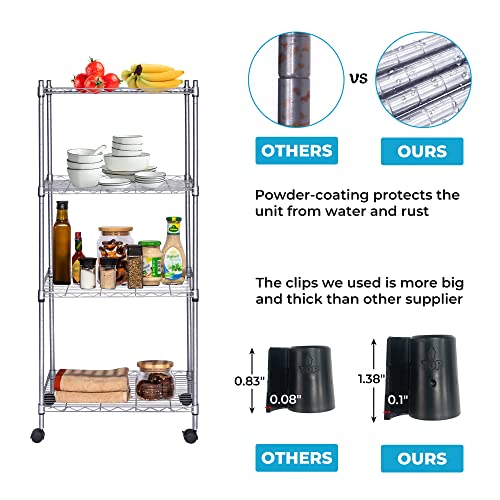JS HANGER Wire Shelving Unit, 4Tier Heavy Duty Height Adjustable Rolling Metal Shelves for