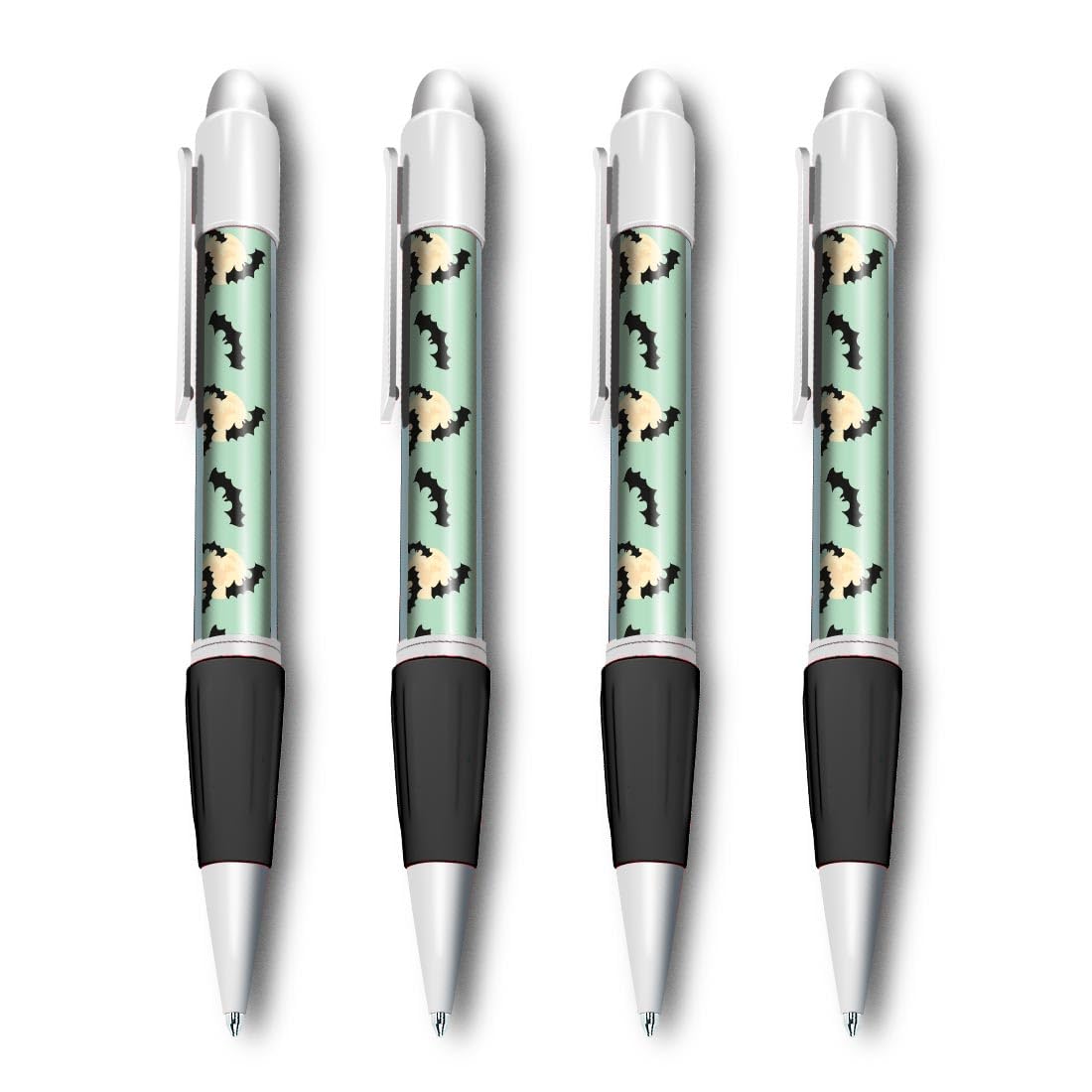Set of 4 White Ballpoint Pens (Photo Insert) - Spooky Bats Moon Halloween - Soft Feel Finger Grip #170878