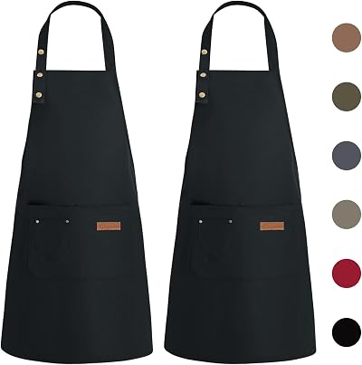 WenYa 2 Pack Kitchen Apron for Women Unisex Adjustable with Pockets Black