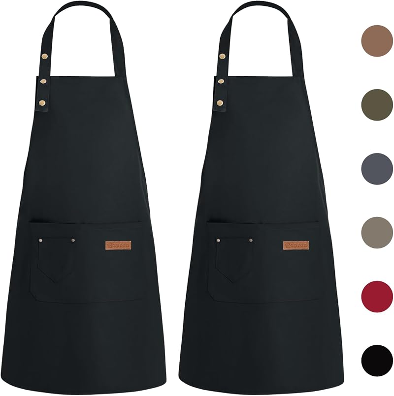 WenYa 2 Pack Kitchen Apron for Women Unisex Adjustable with Pockets Black