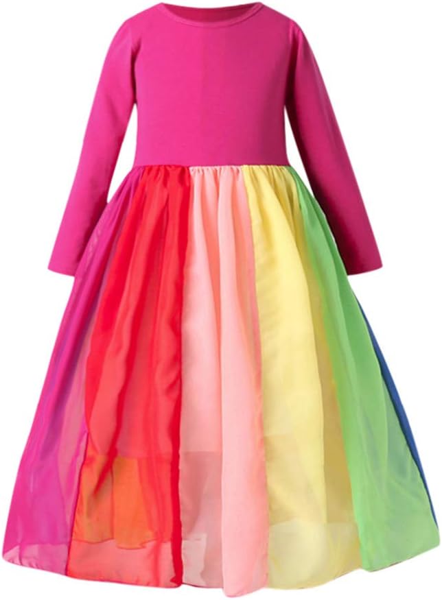 Foruneed Kids Girls Long Sleeves Rainbow Splice Princess Birthday Ballet Dance Skirt Wedding Party Tutu Dresses Performance Costume