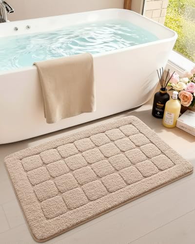 Color&Geometry Ultra Soft Bathroom Rug, Non Slip Machine Washable Bath Mat with Rubber Backing, Plush Fluffy Absorbent Carpet for Bathroom Floor, Tub and Shower, 24"x36", Beige