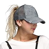 Hatsandscarf C.C Messy Buns Damaged Denim Fabric Trucker Hat with Ponytail Baseball Cap (BT-8) (Lt.Denim)
