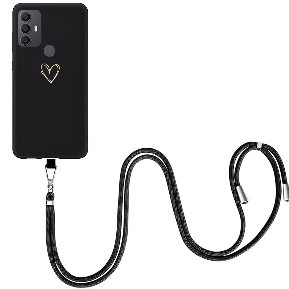 EuoDuo Compatible with TCL 306 / TCL 305 / TCL 30 SE Case Neck Phone Holder Detachable Lanyard Strap Black Silicone TPU Shockproof Crossbody Cover Hanging Chain - Gold Love Heart