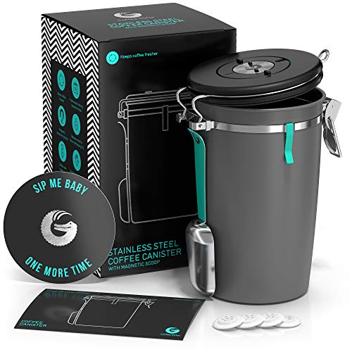 Beans and Coffee Grounds Container - New 2020 Model Coffee Gator Stainless Steel Canister - CO2 Release Valve, Magnetic Scoop Attachment and Bag-Saver Clip - Holds 22oz Beans, 64floz Capacity