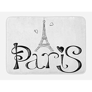 Lunarable Paris Bath Mat, Illustration with Eiffel Tower France Heart Shapes Silhouette Vacation Theme Art, Plush Bathroom Decor Mat with Non Slip Backing, 29.5