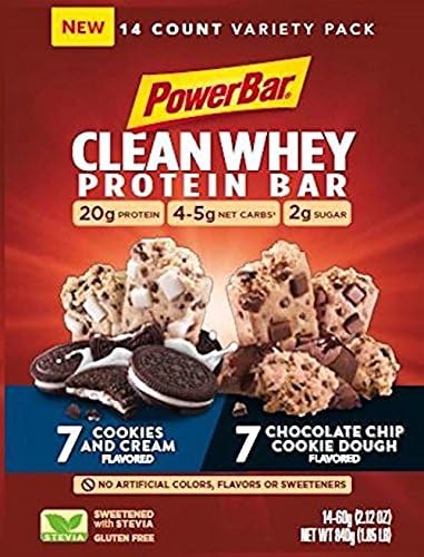 PowerBar Clean Whey Bar, Cookies and Cream &amp; Chocolate Chip Cookie Dough Variety Pack 2.12 oz Bar, (14 Count)