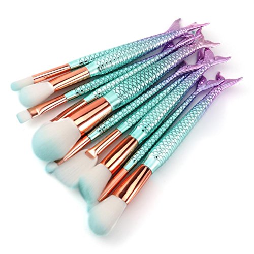 Gocheaper 10/11 PCS Mermaid Makeup Brush Set,Foundation Eyebrow Eyeliner Blush Cosmetic Concealer Brush Kit (11 Multicolor-B)
