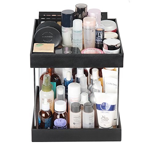 JackCubeDesign 360 Rotating Leather Makeup Cosmetics Organizer Display Rack Nail Polish Storage Tray Box Carousel Shelf(2 Tier, Wood, 9.53 x 9.53 x 11.34 inches) – :MK221A - Thumbnail 4