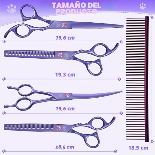 Moontay Professional Dog Grooming Scissors Set, 7"/8" Pet Grooming Scissors, Dog Thinning Scissors with Comb (7", Purple)
