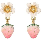Pink Strawberry Flower Drop Earrings - Cute Enamel Fruit & Floral Stud Drop Earrings for Women, 18K Gold Plated Dainty Aesthetic Jewelry