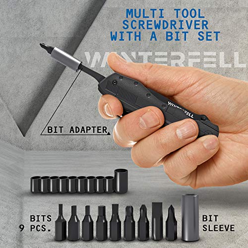 Multitool Knife by Winterfell - Multipurpose Folding Pocket Knife Kit - Durable Stainless Steel - Includes 9-in-1 Bit Set, Pouch, Bottle Opener, Plier, Saw Blade - Outdoor Survival Multi Tool (Black)