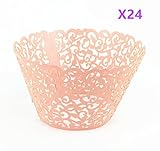 Yansanido 24 set pink Filigree Artistic Bake Little Vine Lace Laser Cut Cupcake Wrapper Cup Muffin Case Trays Collars Wrappers (24pcs pink)