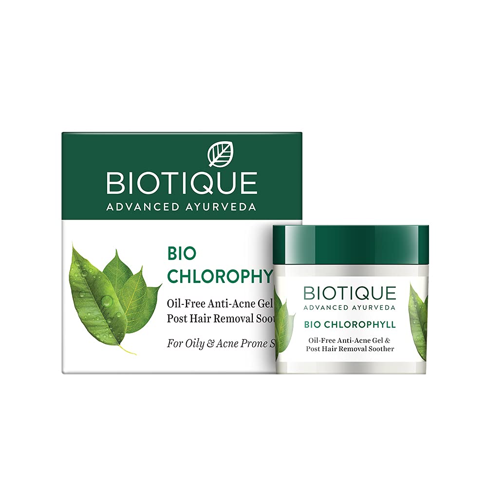 Biotique Chlorophyll Oil Free Anti-Acne Gel and Post Hair Removal Soother for Oily and Acne Prone Skin I Chinai ghas (Gelidium amansii), Kuda (Holorrhenna antidysenterica), Ghrit kumari (Aloevera indica), Kikkar gaund (Acacia Arabica), Samundir Kai (Gelidium amansii), Himalayan Water Q.S.