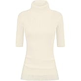 v28 Women Turtleneck 1/2 Half Sleeve Highly Stretchy Ribbed Knit Fitted Sweater