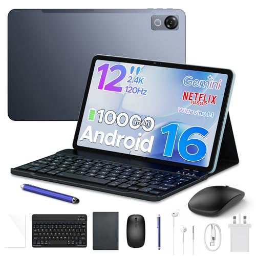P12 Android 16 Tablet with Gemini AI, 12 Inch Tablet 2.4K 120Hz, 48GB+128GB/TF 2TB, UT7280 Octa-Core, 10000mAh Battery, 13MP+8MP/Face ID/Widevine L1/3.5mm Headphone, Tablet with Keyboard & Pen, Gray