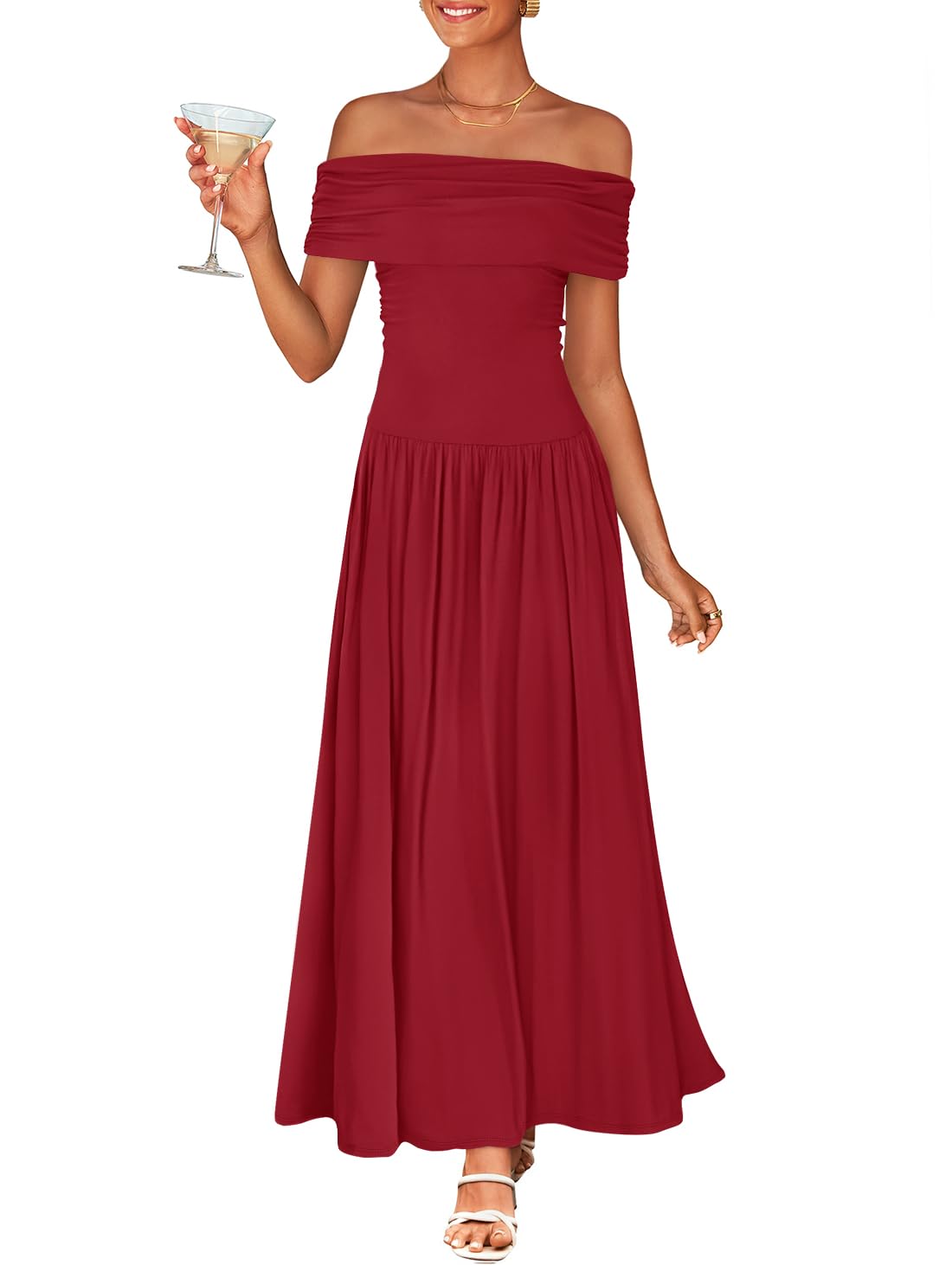 Photo 1 of ZESICA Women's Off The Shoulder Maxi Dress 2026 Summer Sleeveless Casual Slim Swing Pleated Formal Party Dresses,Red,Small