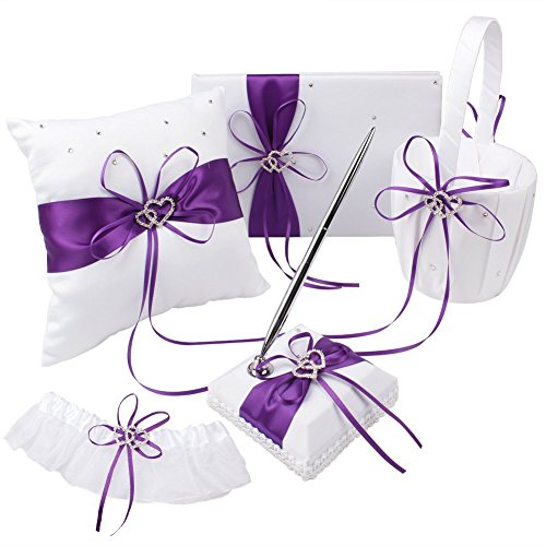 Wedding Flower Girl Basket and Ring Bearer Pillow Set, Purple Satin, Ring Pillow + Flower Girl Basket + Wedding Guest Book +Pen Set + Garter Cover - Thumbnail 5