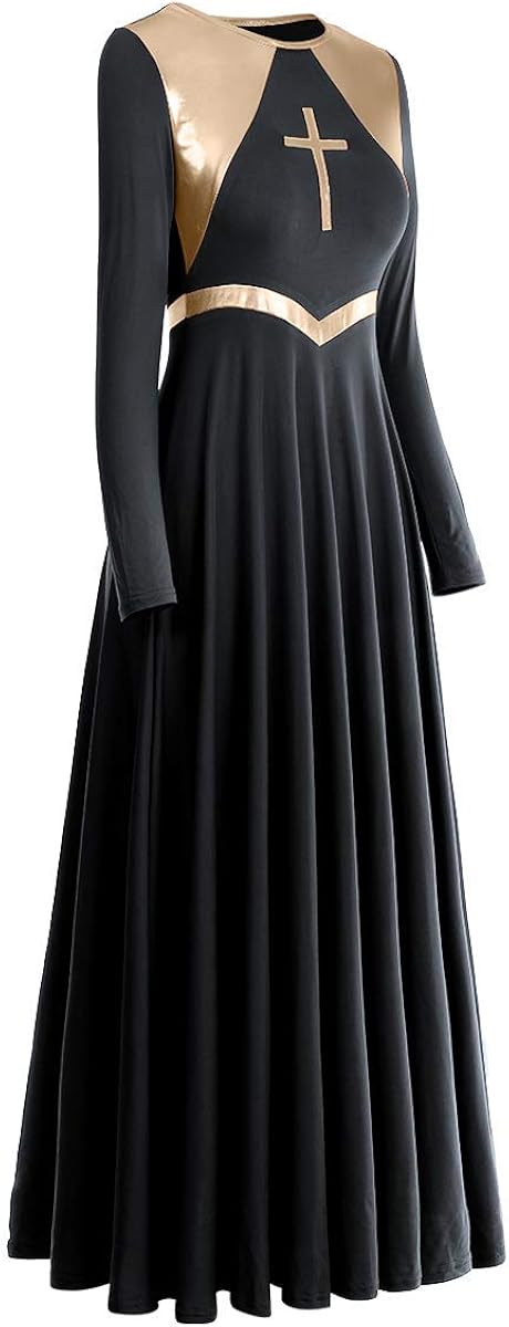 Women Metallic Cross Liturgical Praise Dance Dress Lyrical Dancewear Color Block Full Length Robe Worship Costume: Clothing
