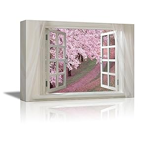 Glimpse into Cherry Blossom in Spring Out of Open Window Canvas Wall Art Stretched Canvas Prints | Giclee Printing Ready to Hang - 24" x 36"