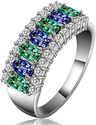 Platinum Plated Bi-Color Multi Oval Cut Gemstone with Cluster Micro CZ Rings for Womens, Size from 5 to 10